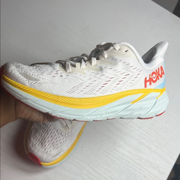 Hoka White and Red Running Shoes with Yellow Sole - Picture 2 of 6